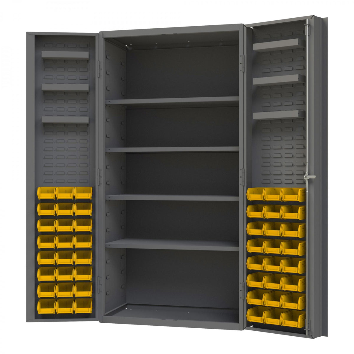 Deep Door Bin Cabinet, 14 Gauge, 4 Shelves, 6 Door Trays, 48 Yellow Bins, 36 x 24 x 72