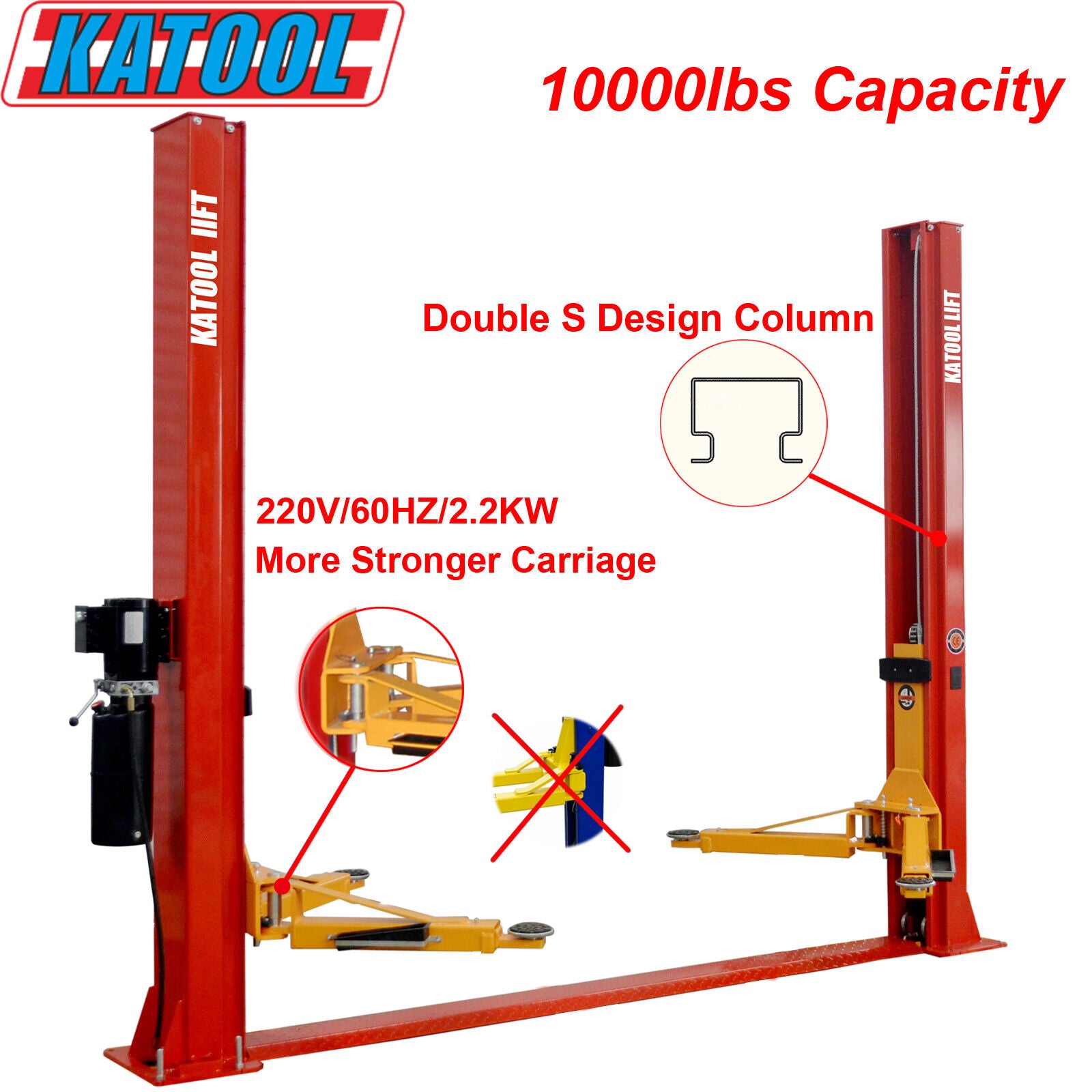 Katool 2-Post Vehicle Lift, 10,000-Lb. Capacity, 3 HP, Model# KT-H100