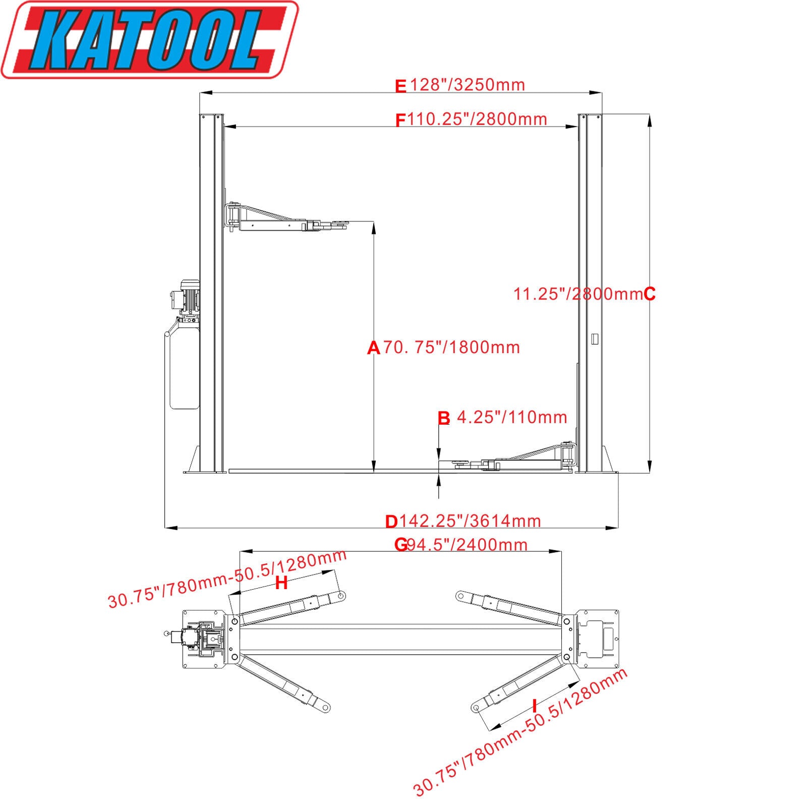 Katool 2-Post Vehicle Lift, 10,000-Lb. Capacity, 3 HP, Model# KT-H100