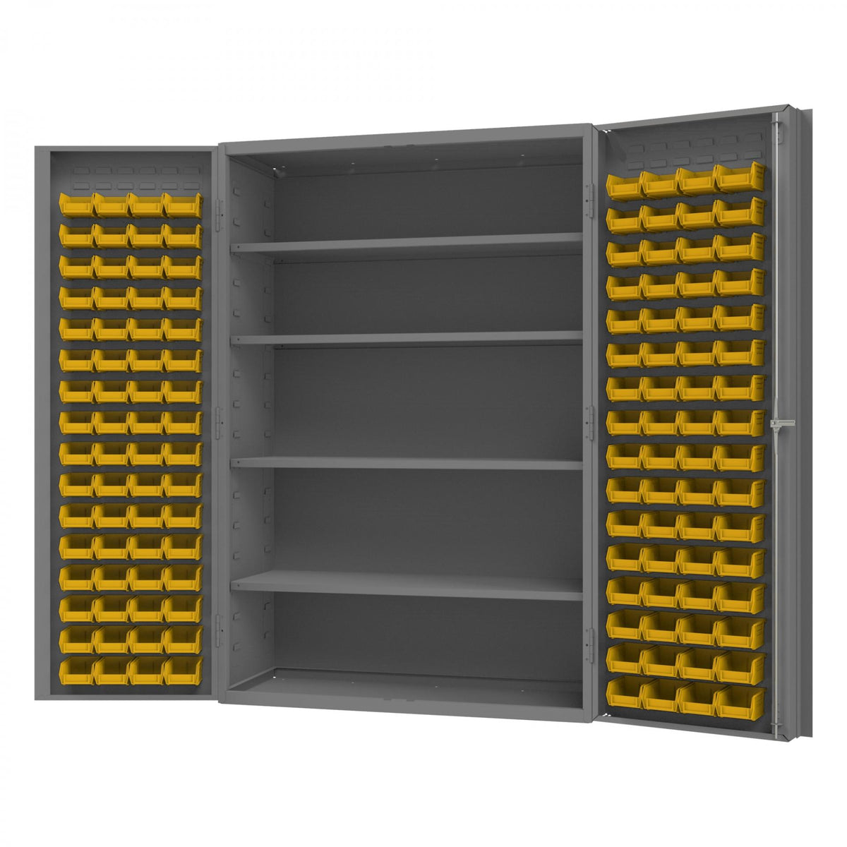 Deep Door Bin Cabinet, 14 Gauge, 4 Shelves, 128 Yellow Bins, 48 x 24 x 72